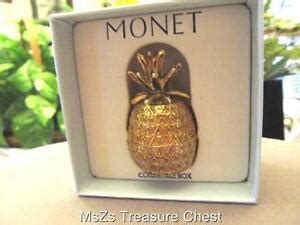 antique metal box with pinaaple on top|Vintage Monet Enameled Metal Pineapple Trinket Box .